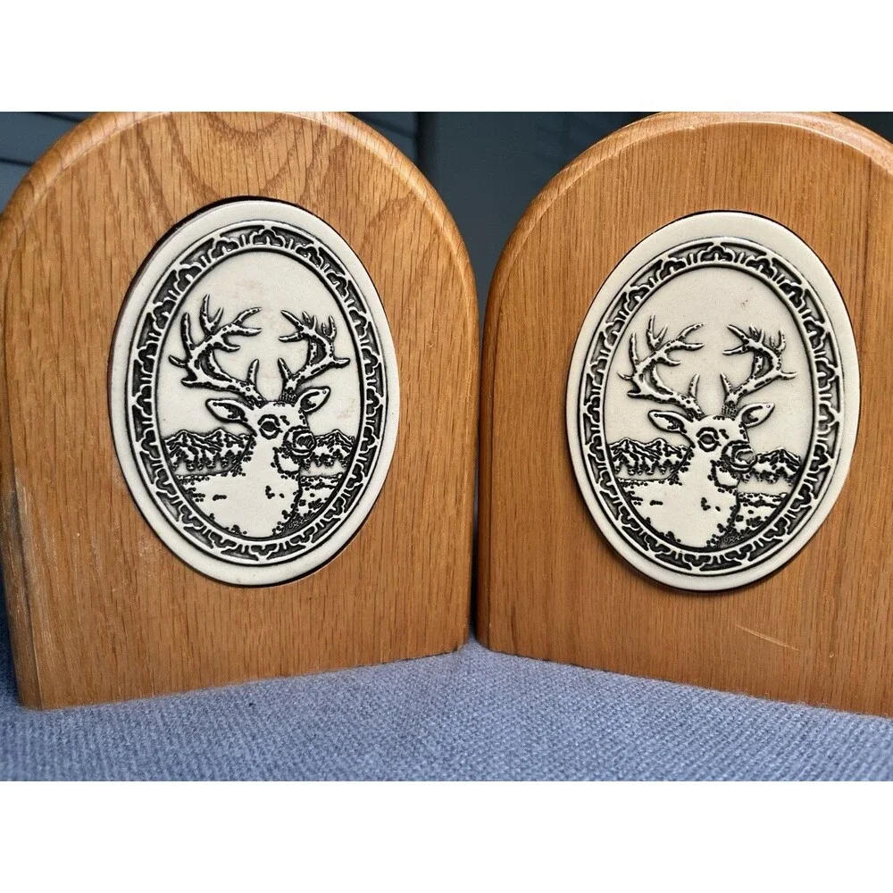 Rare Vintage 1986 Trinity Pottery Bookends, Deer, Wood & Ceramic, EUC